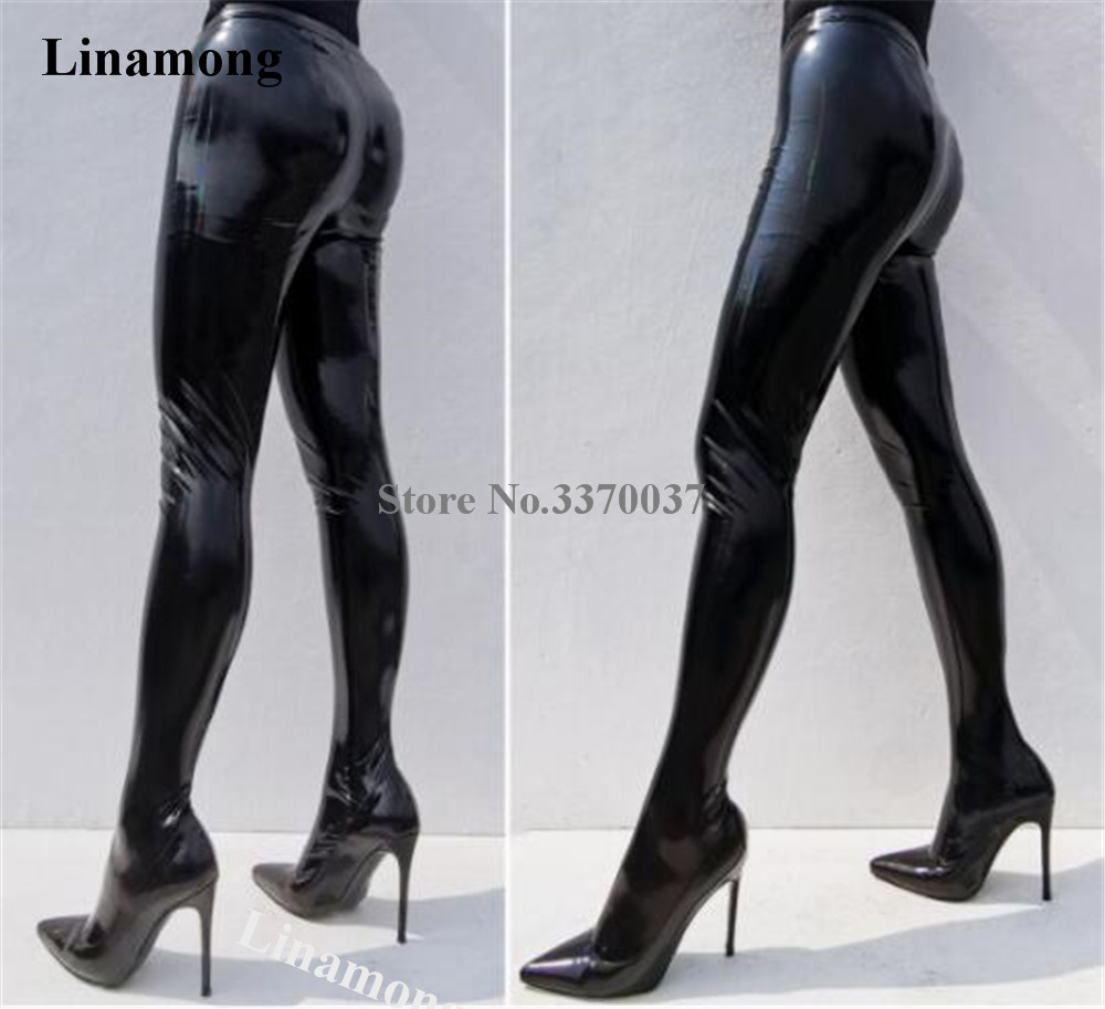 Bandage - Linamong-Botas altas sexis de charol negro